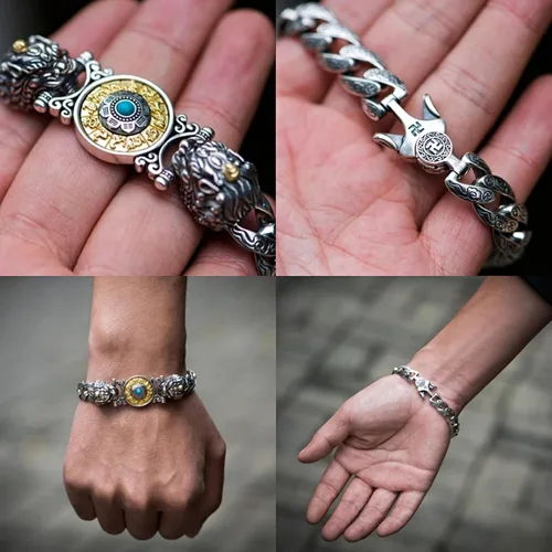 Miniatura 4 de Atraer la riqueza dinero y buena suerte, rueda de oración tibetana + mantra OM + pulsera Vajra Pestle, pulsera giratoria de plata de ley S925 Feng