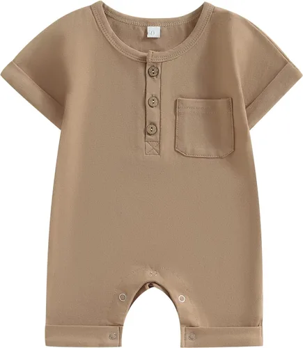 Miniatura 33 de Mameluco unisex de manga corta para bebé recién nacido, con botones, de una pieza, ropa de color sólido
