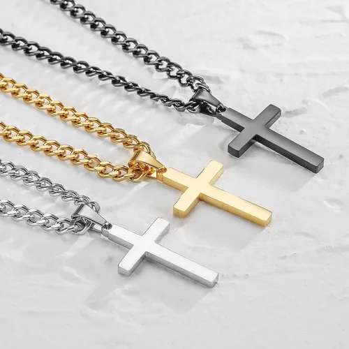 Miniatura 4 de Collar de cruz de acero inoxidable en capas para hombres y niños, dije de cruz de cadena de eslabones cubanos, regalos de joyería religiosa