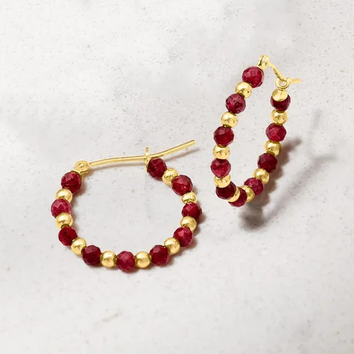 Miniatura 3 de Ross-Simons Pendientes de aro con cuentas de rubí de 4,90 qt en oro amarillo de 14 quilates