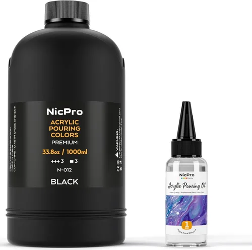 Nicpro Pintura acrílica de color negro azabache, suministros de pintura premezclada de 33.8 onzas con aceite de silicona y guantes para lienzo,