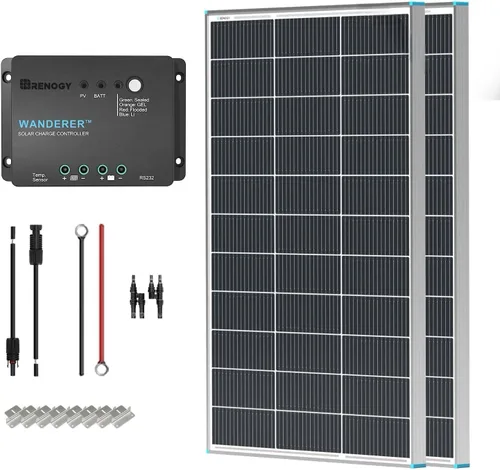 Miniatura 9 de Renogy - Kit básico de panel solar de 100W 12V, panel solar monocristalino de 100 vatios, controlador de carga PWM LCD de 30A, kit de adaptadores