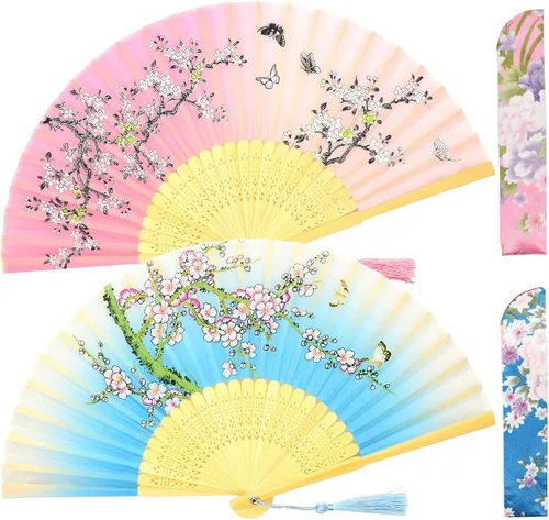 Miniatura 8 de Abanicos de mano plegables pequeños para mujer, 2 abanicos chinos japoneses de seda de bambú vintage, para baile, festival de música, boda, fiesta