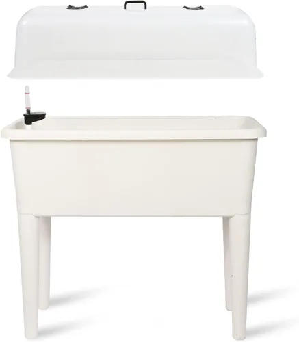 Dexceder Cama de jardín elevada de 13.2 galones con riego automático, tapa transparente con ventilación, invernadero, caja de plantación para Blanco