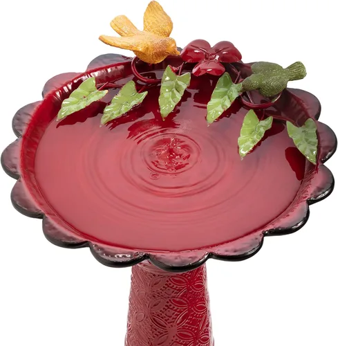 Miniatura 10 de Alpine Corporation - Baño de pájaros de metal para exterior de 28" de alto con estatua de jardín de ardillas y hojas, rojo – Impresionante acento