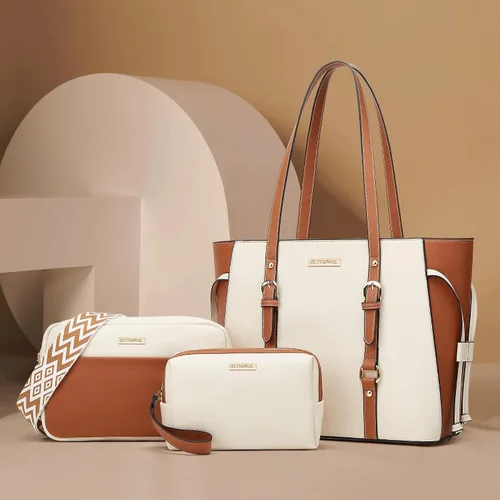 Miniatura 217 de Juego de 4 bolsas modernos para mujer de cuero sintético: bolso tote, bolso de hombro, bolso de mano y cartera.