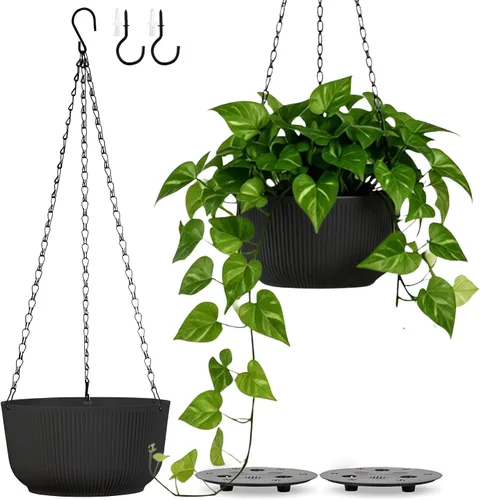 Miniatura 8 de Juego de 2 macetas colgantes para plantas de interior y exterior, macetas colgantes de riego automático de 8 pulgadas con platillo interno, orificio