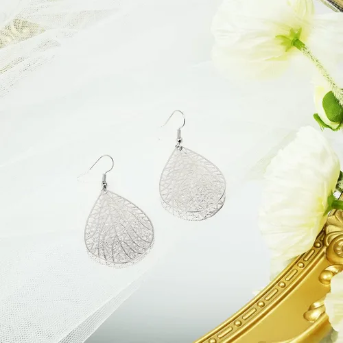Miniatura 12 de 14K Gold Plated Silver Rose Gold Teardrop Filigree Dangle Earrings Lightweight Leaf Drop Earrings for Christmas Gift