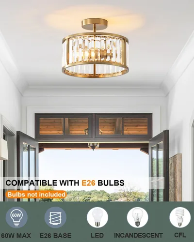 Miniatura 2 de Lámpara de techo empotrada de latón dorado, candelabro de cristal enjaulado de 2 luces, lámparas de pasillo de tambor pequeño para montaje en techo