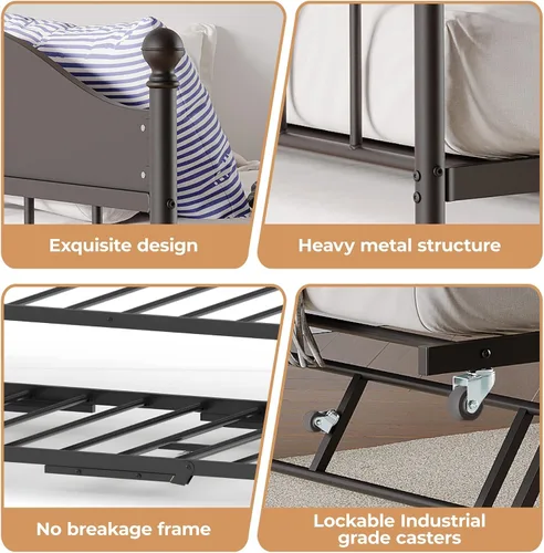 Miniatura 6 de IDEALHOUSE Sofá cama individual de metal con nido desplegable, cama de plataforma de listones de acero resistente con cabecera elegante, marco