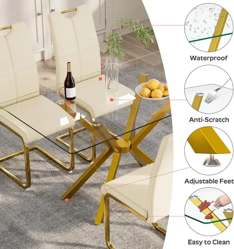 Miniatura 6 de Mesa de comedor de 5 piezas de 47 pulgadas con 4 sillas de piel sintética, juego de mesa de comedor moderno para 4, mesa de cocina rectangular