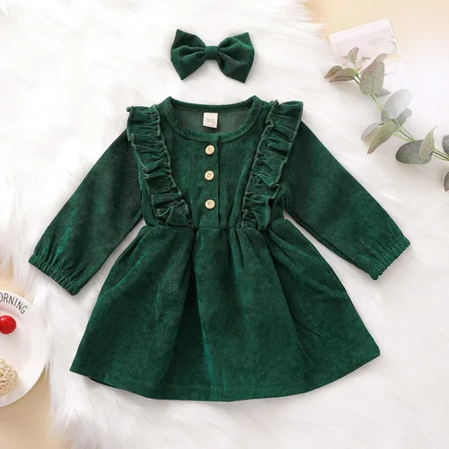 Miniatura 2 de Karuedoo Kids Toddler Baby Girl Corduroy Ruffle Long Sleeve Dress Princess Party Dress Fall Winter Skirt Outfit