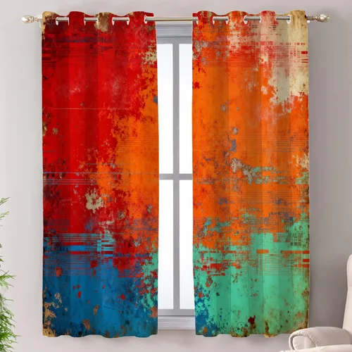 Miniatura 55 de Shrahala Beige and Orange Abstract Art Brushstrokes Blackout Curtain Tiers, Abstract Oil Paint Kitchen Valance Light Blocking Tier Drapes with Rod