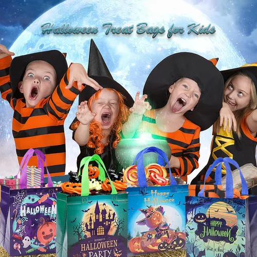 Miniatura 6 de 12 bolsas de Halloween para dulce o truco, bolsas de mano con asas para niños, bolsas de regalo reutilizables no tejidas de Halloween para envolver