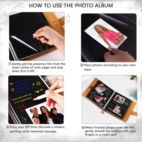 Miniatura 6 de Álbum de fotos de cuero con páginas autoadhesivas, álbum de fotos de cuero a mano, álbum familiar de boda, capacidad para fotos de 3 x 5, 4 x 6, 5 x