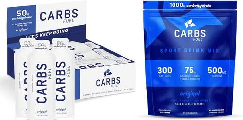 Gel de Energía Carbs Fuel 50g (Paquete de 18) + Mezcla para Bebida Deportiva 1000g | 1900g de Carbohidratos | Gel de 50g para Correr y Porción de