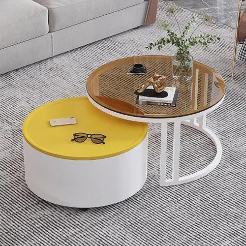 Miniatura 10 de Couchtisch Rund 2er Set, Kreativer Runder Couchtisch Aus Glas mit Metallrahmen, Mit Stauraum für Kleine Räume Wohnzimmer Schlafzimmer Balkone mit B