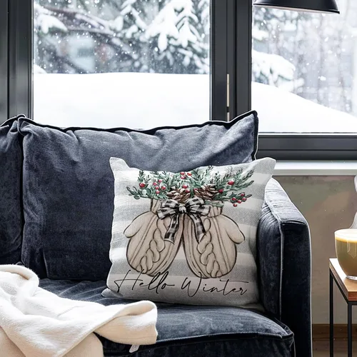 Miniatura 2 de Hello Winter Mitten - Funda de almohada decorativa gris de 16 x 16 pulgadas, guante, bayas rojas, rayas grises, porche, decoración del hogar al aire