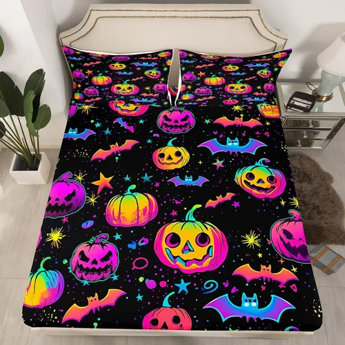 Miniatura 4 de Juego de sábanas de decoración de Halloween, tamaño individual, sábanas de calabaza arcoíris para niños y niñas con purpurina, calabaza, farol