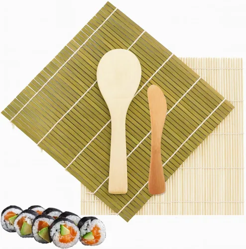 Miniatura 9 de JapanBargain, Kit de fabricación de sushi, 2 alfombrillas de bambú verde con paleta de arroz y esparcidor, juego de rodillos de sushi japonés
