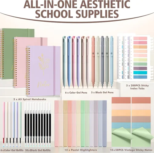 Miniatura 2 de 58 piezas de útiles escolares estéticos, lindo conjunto de cuadernos espiralados A5 con reglas universitarias, papelería para regreso a clases, kit