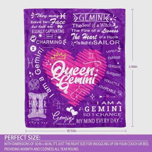 Miniatura 2 de Manta del zodiaco Gemini de 50 x 60 pulgadas, forro polar agradable a la piel con diseño original y citas, regalo ideal para cumpleaños de junio