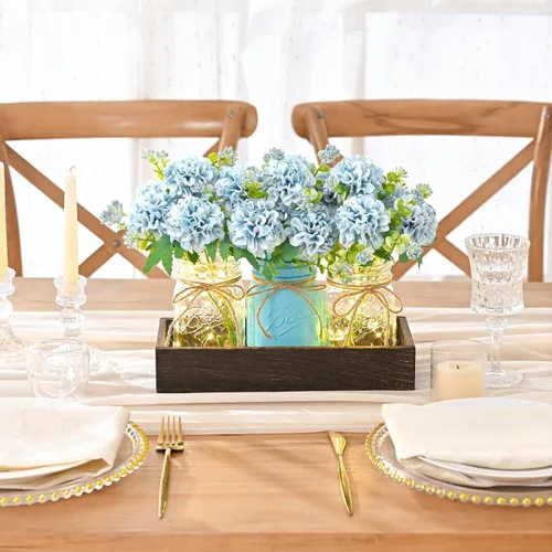 Miniatura 7 de BLEUM CADE Decoración de mesa de centro de mesa, 3 piezas de flores artificiales de hortensias en frascos Mason con bandeja de madera para mesa