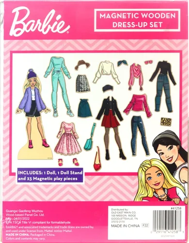 Miniatura 3 de Barbie - Juguete magnético de madera para disfrazarse, juego de simulación con muñeca Barbie de madera, trajes para mezclar y combinar y caja