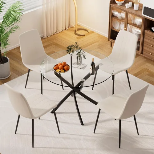 Miniatura 3 de Moderno juego de mesa redonda de vidrio para 4, 36 pulgadas, pequeña base negra de vidrio templado con 4 sillas de comedor minimalistas beige, juego