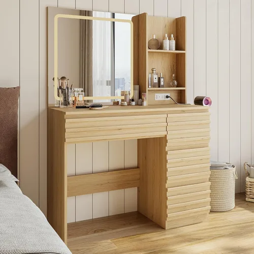 Escritorio estriado con espejo y luces HD, mesa de tocador de maquillaje de madera con 4 cajones y estantes abiertos, juego de tocador de mediados