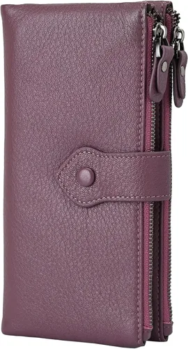 Miniatura 9 de Bveyzi - Cartera de cuero suave para mujer con bloqueo RFID, billetera plegable con doble cierre, porta-tarjetas para damas Soft, RFID Blocking