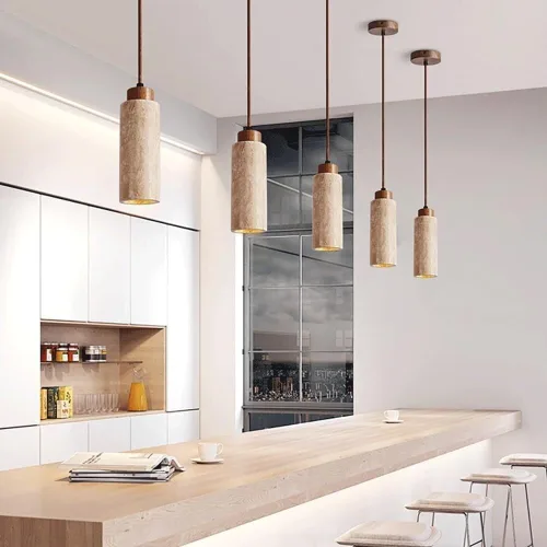 Miniatura 4 de Long Tube Stone Pendant Light Japanese Retro Bedside Hanging Lamp E27 Lighting Fixtures Natural Yellow Travertine Chandelier Industrial Flute