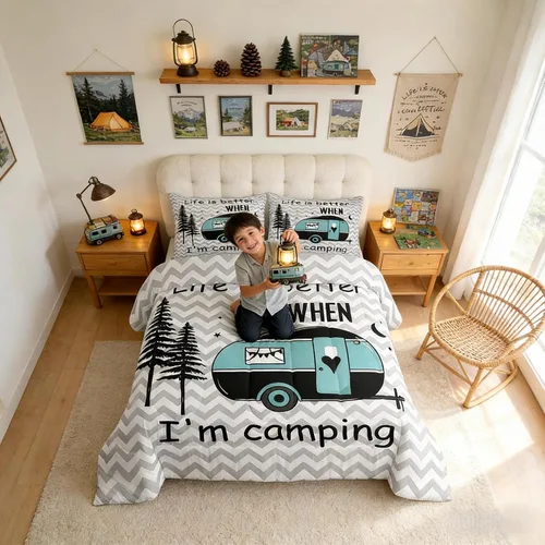Miniatura 20 de Juego de Edredón para Acampar Feliz para Niños Tamaño Individual, Juego de Ropa de Cama Rústica de Aventura de Granja y Cabaña, Decoración