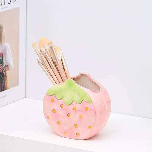 Miniatura 4 de TANG SONG Soporte de cepillo de maquillaje de fresa de cerámica, caja de almacenamiento de cosméticos, soporte para bolígrafos y lápices, Rosa