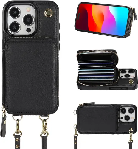 Bocasal Funda tipo cartera cruzada para iPhone 15 Pro, funda de piel con bloqueo RFID y soporte para tarjetas, funda protectora con cremallera y
