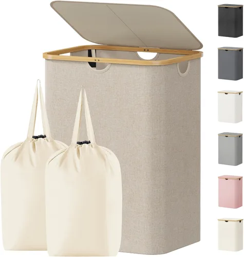 Miniatura 29 de Lifewit Cesta de ropa de 120L con tapa, cestas de ropa para lavandería con asas de bambú y una bolsa de lavandería extraíble, cesta plegable grande