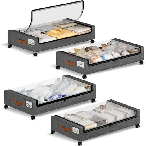 Miniatura 12 de Yecaye Almacenamiento Debajo de la Cama con Ruedas, 2 Paquetes de Cajas de Almacenamiento Debajo de la Cama con Tapas Transparentes y Etiqueta, 60L