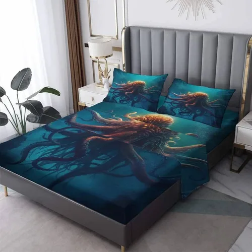 Miniatura 8 de Octopus Sheets - Juego de sábanas de tamaño individual, sábanas de microfibra suave, bolsillo profundo, sábanas y fundas de almohada estampadas sin