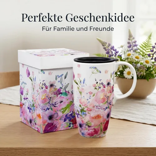 Miniatura 3 de Topadorn Tazas de Viaje de Cerámica Taza de Té Latte de Porcelana Taza de Café con Caja de Regalo, 17 oz. Jardín Rosa Rosa (PINK GARDEN)