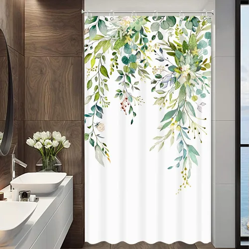 Miniatura 5 de Juego de cortinas de ducha de eucalipto verde en acuarela, flores y hojas, cortinas de ducha para baño, flores botánicas, tela impermeable