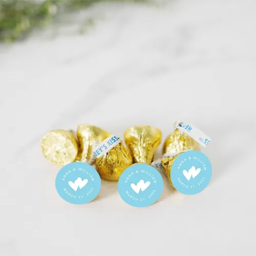 Miniatura 2 de Andaz Press Etiquetas personalizadas de gota de chocolate para boda, nombres y fecha redondos de novios, azul bebé, paquete de 240, personalizadas