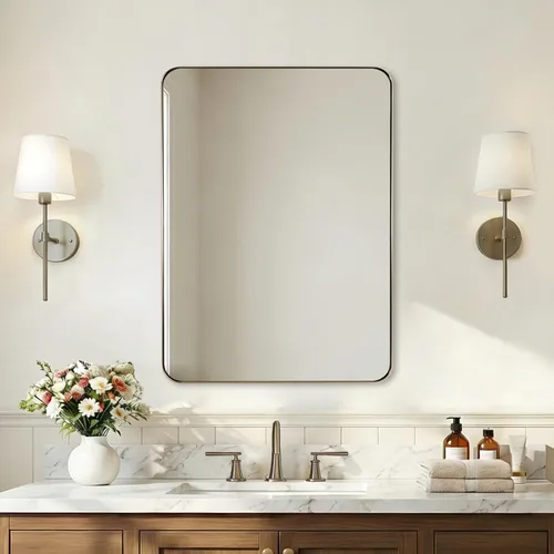 Miniatura 13 de ANDY STAR - Espejo de baño de 24 x 40 pulgadas dorado, marco de metal de acero inoxidable con esquina redondeada, panel de vidrio rectangular