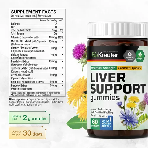 Miniatura 3 de BIO KRAUTER® Desintoxicación hepática 9 en 1 con vitamina C, cardo mariano, cúrcuma, raíz de diente de león, raíz de remolacha, piedra chanca