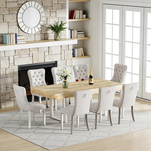Miniatura 28 de Juego de mesa de comedor extensible de 5 piezas para 4, mesa de cocina de madera marrón de 63-78.7 pulgadas con 4 sillas acolchadas beige, juego