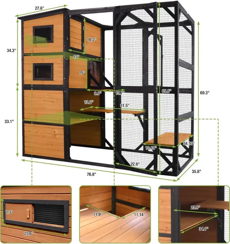 Miniatura 2 de Casa grande para gatos Catio Kitty House con 4 niveles para gatos al aire libre, techo impermeable, recintos para gatos, 77 pulgadas (marrón)