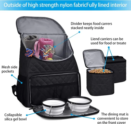 Miniatura 4 de BAGLHER Bolsa de viaje para perros, mochila de suministros para mascotas aprobada por aerolíneas, mochila de viaje para perros con 2 cuencos Negro-b