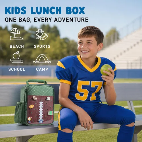 Miniatura 9 de Fit & Fresh Lonchera personalizable con dije para niños y niñas, lonchera infantil de fútbol con 6 dijes deportivos, bolsa de almuerzo reutilizable