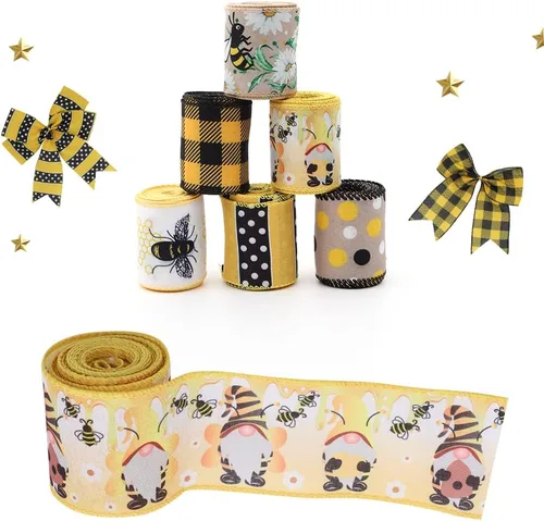Miniatura 4 de 6 rollos de cinta de abeja de 30 yardas, cinta de borde con cable, cinta de miel para envoltura de manualidades de primavera y verano, rayas de 2.5