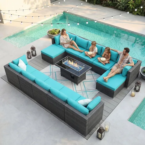 Miniatura 99 de NICESOUL Juego de muebles de patio para exteriores de 7 piezas con mesa para hoguera, gas natural y propano convertible, respaldo alto de 29.3