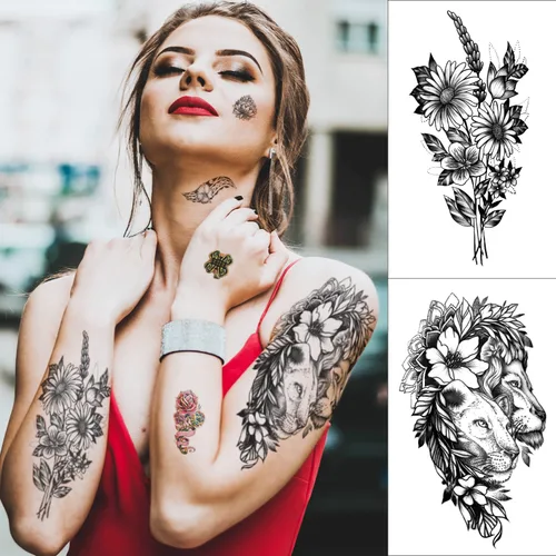 Miniatura 6 de Tatuajes temporales de manga completa para hombres y mujeres, 46 hojas de tatuajes falsos para adultos, león realista, lobo, águila, ciervo, flor